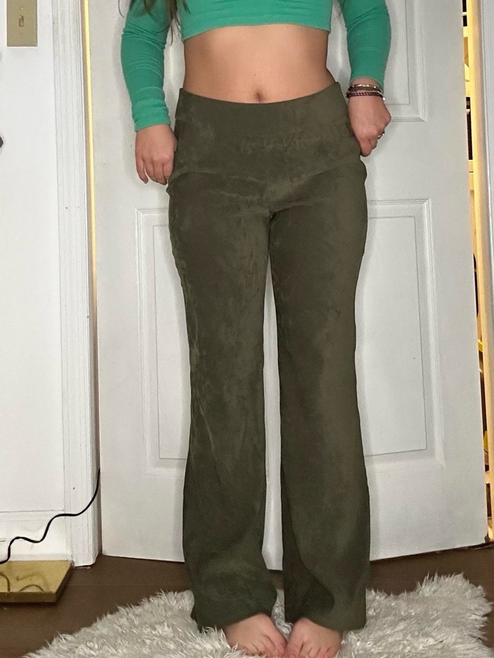 Olive Green Suede-Texture Flared Pants
